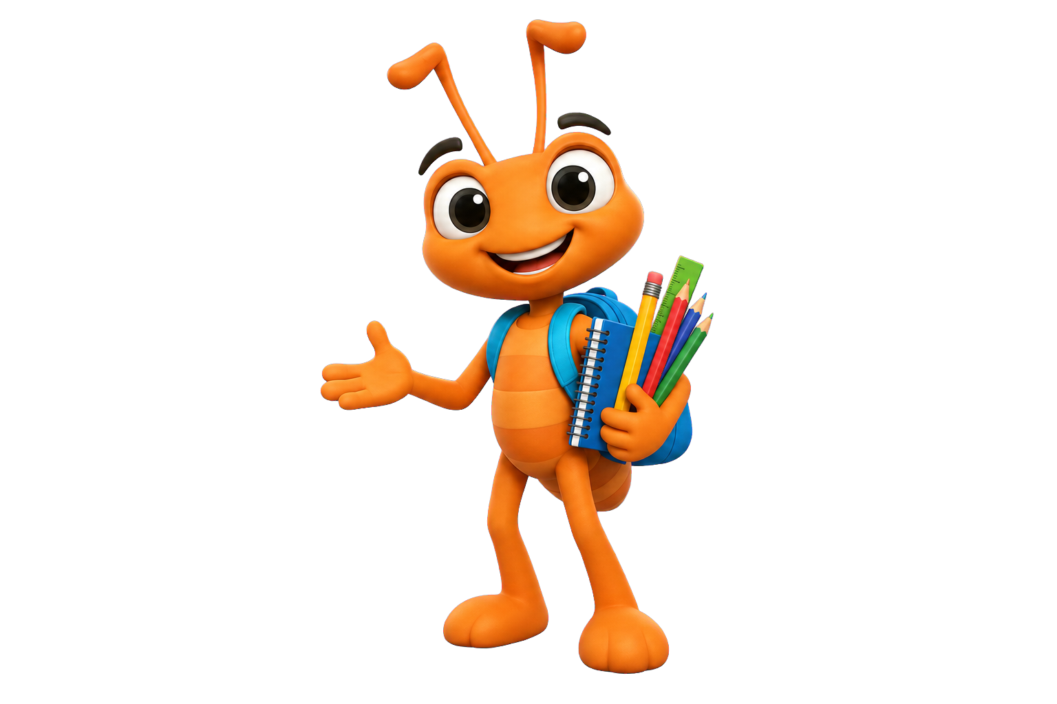 Mascote formiga Tanajura com materiais escolares coloridos